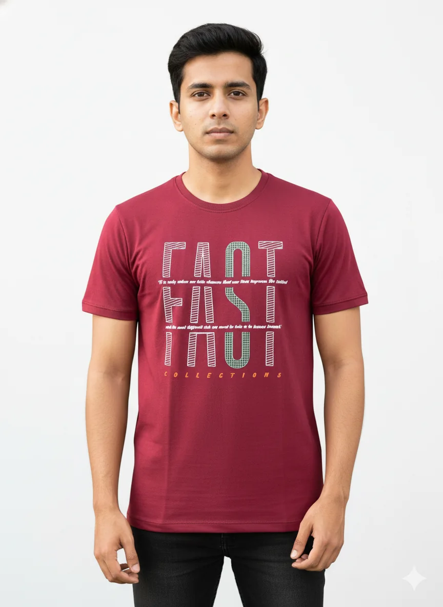 Model wearing the maroon graphic printed T-shirt sold by SITASONI