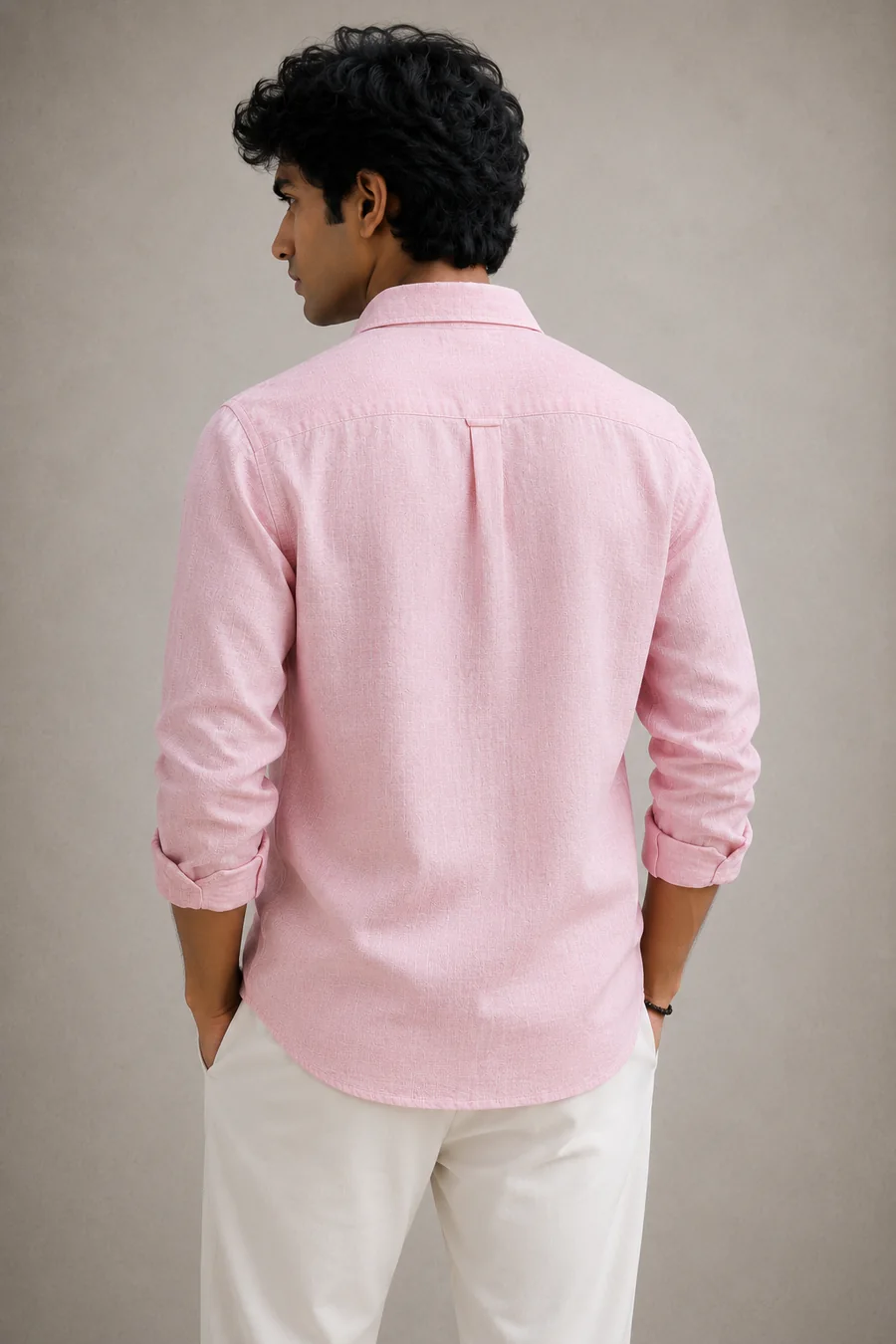 Back and side view of the light pink linen shirt sold by SITASONI